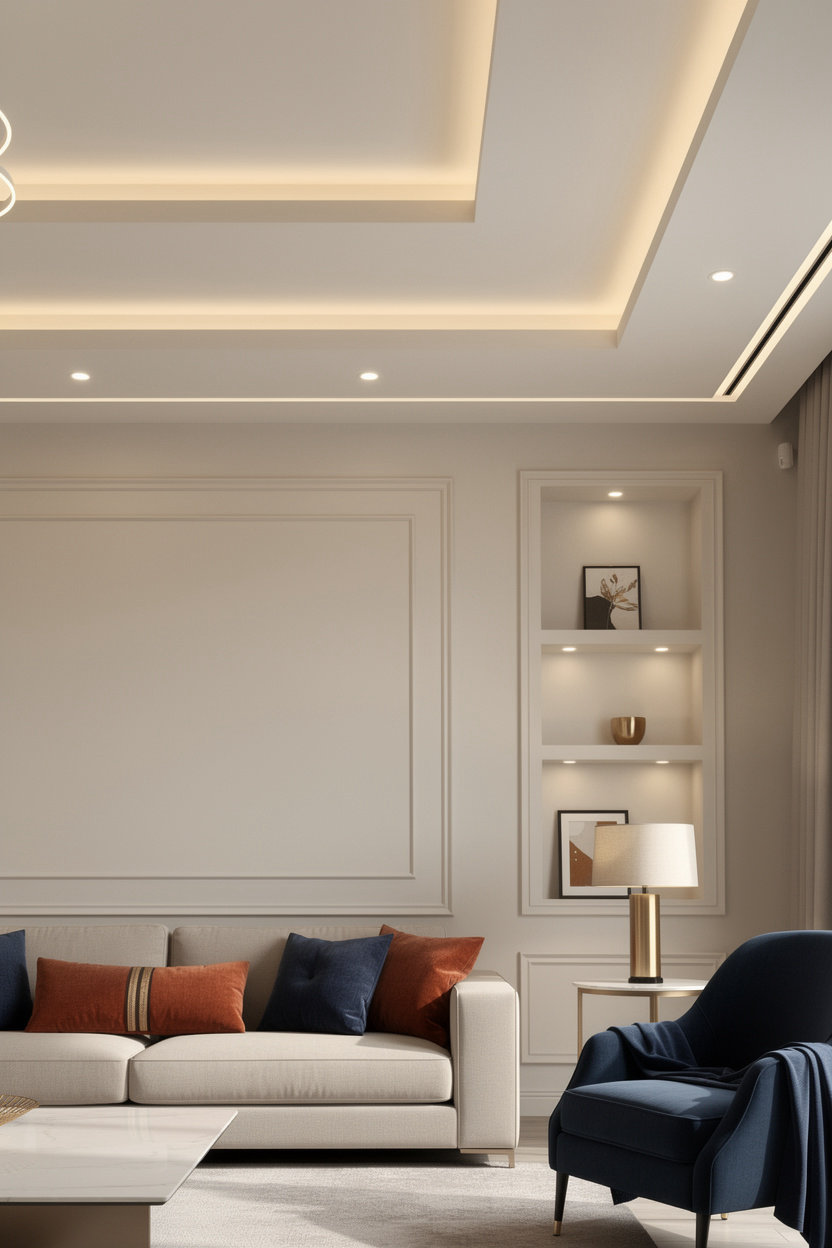دهانات ديكورات الرياض - تصميم جبس بورد احترافي مع إضاءة مدمجة وجدران ديكورية حديثة
